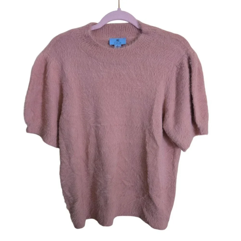 Cece Pink Eyelash Fuzzy Knit Puff Short Sleeve Round Neck Sweater Size L